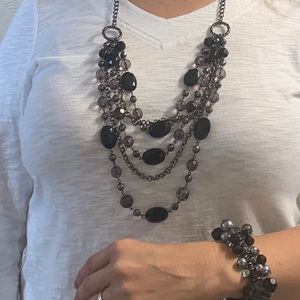 Black Beaded Multi Strand Necklace & Bracelet